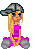 Pixelated character with blonde hair, blue eyes, and a gray helmet, wearing a purple dress and gray shoes, shown in two side-by-side poses.