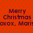 Red background with green dots and repeated dark purple text reading "Merry Christmas xoxo, Maris" in two