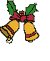 Six pixelated holiday-themed bell icons arranged in two , each with holly leaves and a red bow, showing motion effects like falling snow or sparkles