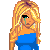 Pixel art buddy icon showing a blonde woman in blue top and black skirt with tears, next to partial view of another figure on gray background.