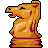 Pixelated golden chess knight with maroon accents, open mouth showing teeth, closed eye, and visible mane against gray background.