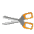 Animated contact sheet of six frames showing scissors in various open/closed states with orange handles and gray metal parts on a light gray background.