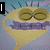 Animated yellow cartoon character with closed eyes, purple mouth, and black spikes on a blue background displays text changes.