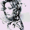 A black-and-white sketch of a woman with curly hair, wearing earrings and a light-colored top.