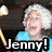 Pixelated image of a person with white hair wearing a blue shirt, overlaid with bold text reading "Jenny!" on a black background.