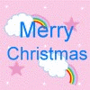 Pink background with white clouds, pink stars, and rainbow arcs; text elements include "Merry Christmas" in English and Chinese characters.
