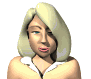 Animated avatar of a person with shoulder-length blonde hair wearing a white-collared top, showing two sequential facial expressions.