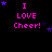 Pixelated text 'I LOVE Cheer!' in pink with purple stars on black background, animated star positions across frames.