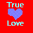 Red background with 'True Love' text and heart symbol above two horizontal blue bars, orange section below shows female/male silhouettes and handwritten-style text.