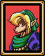 Pixel art character with blonde hair and green headband in six framed showing sequential facial expressions against red background