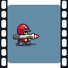 Pixel art character in red helmet and armor fires a large rocket launcher, showing sequential animation frames of weapon firing with flame effects.