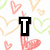 A black rectangular icon with a white capital T in the center, surrounded by pixelated heart shapes and curved lines in pink, green, and orange on a white background.