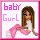 Pixelated icon with pink text 'baby girl' and a seated figure in long brown hair, white top, and pink skirt against a white background.