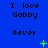 Blue background with repeated text "I love Gabby" and "4ever" in black pixelated font, animated green plus signs and X marks appear at different positions across frames.