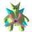 Pixelated green character with blue wing-like shoulder accents and pink X-shaped straps over chest, blue gem at center, standing against gray background.