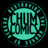 A circular teal logo with 'CHUM' text surrounded by a ring of smaller words, next to a grayscale portrait and a block of white text on dark background.