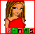 Pixelated image of a person with long brown hair wearing red sleeveless top, standing against white background with red border and green-and-pink text blocks below.
