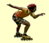 Animated sequence of a skater in orange and yellow top, patterned shorts, red helmet performing rollerblading poses on light background.