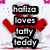 A pixelated snowman with red heart-shaped arms and a red bow tie, holding a black text block that reads "holly loves lolly teddy" against a white background with pink accents.