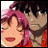 Pixelated anime-style image showing two characters with pink and dark hair against a black background with text elements.