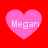 Four pink heart shapes with white text "Megan" on a red background, arranged in a