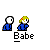 Pixel art animation of two figures in blue outfits with yellow hair, showing sequential changes including heart symbols and a speech bubble.