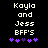 Pixelated text reads 'Kayla and Jess BFF'S' above five purple heart icons on a black background, with one heart changing color between frames.
