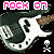 Pixelated electric guitar with black and white body, brown neck, pink 'ROCK ON' text above, and small skull-and-crossbones symbols in various positions.