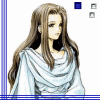A character with long brown hair and a light blue draped garment appears in four with varying text overlays and control icons
