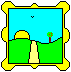 Animated scene with changing sky colors showing day-to-night transition over green hills, a yellow path, and small tree.