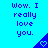 Blue background with repeated text "Wow. I really love you." and blue triangular icons containing white hearts.