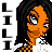 Pixel art contact sheet showing three frames of an animated buddy icon with a cartoon character and repeated text elements.