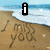 Beach scene with 'i miss you' written in sand, overlaid with changing text and symbols above the sand.