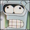 Static image of a robot character with large round eyes, square pupils, and a grid-patterned mouth, set against a light background.