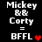 Pixelated text displays 'Mickey & Corty = BFFL' with a red heart symbol on black background, showing animation changes between frames.