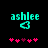 Pixelated cyan text 'ashlee' above a cyan triangle symbol, with five pink heart symbols below on a black background.