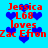 Pixelated blue background with red text and blue hearts, showing 'Jessica L68 loves Zac Efron' repeated across the image.