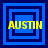 Four blue square with nested dark blue borders display the name 'AUSTIN' in yellow pixelated text, each showing a different border configuration