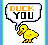 Pixelated yellow duckling with orange beak and feet stands beneath speech bubble containing 'DUCK YOU' text, alternating between orange/black lettering.