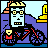 Pixelated character with light blue face, yellow hair, and glasses rides red bicycle against purple mountains; background shifts between golden structures and clear sky.