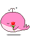 Pink whale with closed eyes holding red flower, small blue sparkles above head, gray background, static pose across all frames.