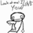 A black-and-white animated icon shows a stick figure with a round head holding a bowl, repeatedly moving its arm while text above reads "Look and Don't Touch You!".