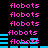 Pixelated pink text 'flobots' repeated across black background with blue horizontal bars in some , animated as static frames show varying bar positions