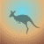 Silhouette of a kangaroo in mid-hop against a gradient background, transitioning from light blue to tan with a dotted pattern.