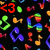<3 symbols in red, blue, green, and orange animate on a black background with repeating patterns of small colorful shapes.