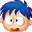 Two pixelated cartoon heads with blue spiky hair, wide white eyes with small dark pupils, and open mouths showing brown teeth against a gray background.
