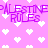 Pixelated pink background with white heart shapes and repeating purple text "PALESTINE RULES" in a pattern