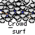 Pixelated crowd of white figures with blue accents surrounds a central figure in red shirt, with text "Crowd surf" below.