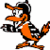 Animated cartoon bird in orange and black uniform holding a baseball, swinging bat with crown above head, standing on crossed bats beneath 'ORIOLES' text.