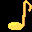 Yellow musical eighth note icon with pixelated particle effects on black background, animated as particles disperse from the note.